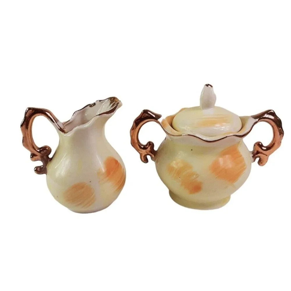 Vintage Enesco Porcelain Creamer and Sugar Bowl Set Hand Painted Fruit Design/GC